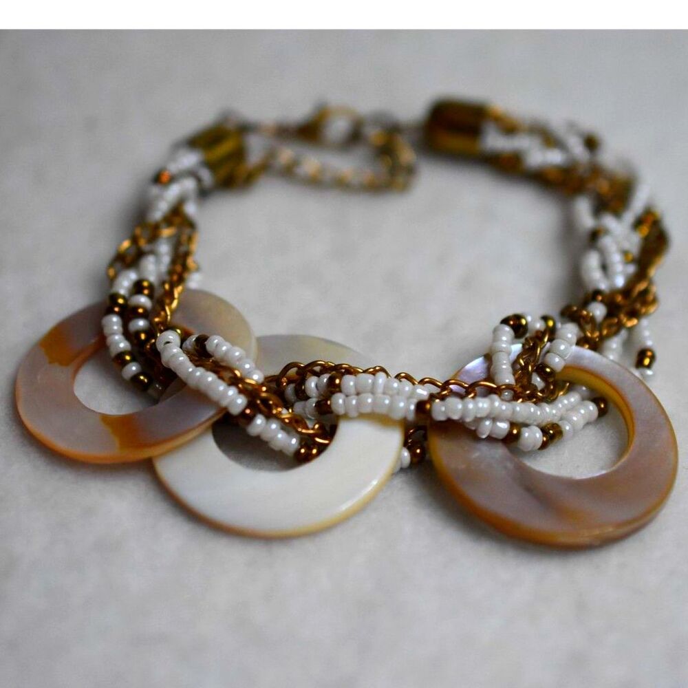 Vintage Unique Abalone/Mother Of Pearl Beaded Gold Tone Bracelet